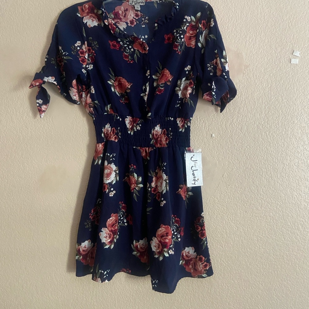 Floral Navy Dress with Pink and White Accents Size S